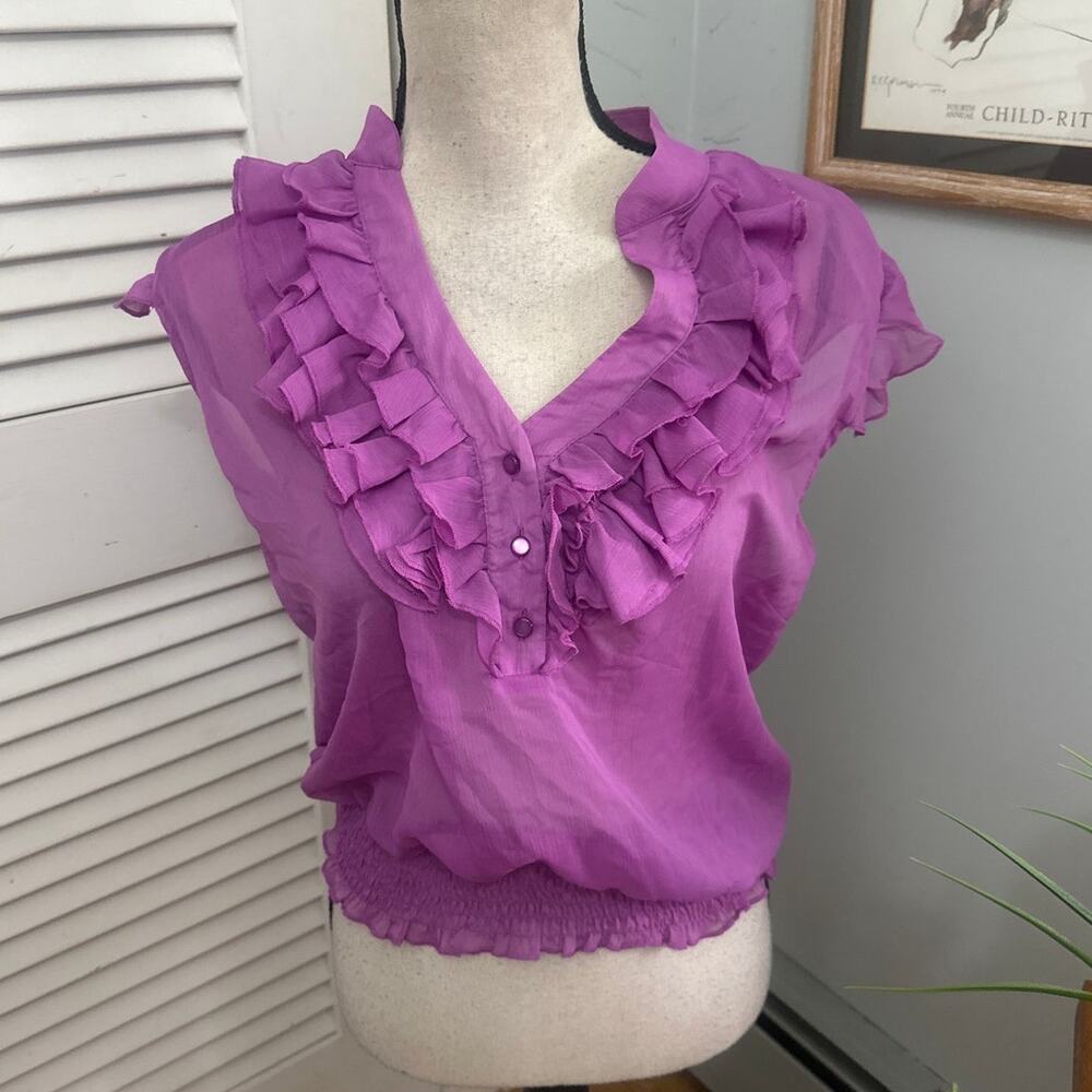Vintage L8ter Top Womens XL Sheer Purple Dainty Ruffle V-Neck Retro Y2K Fairy